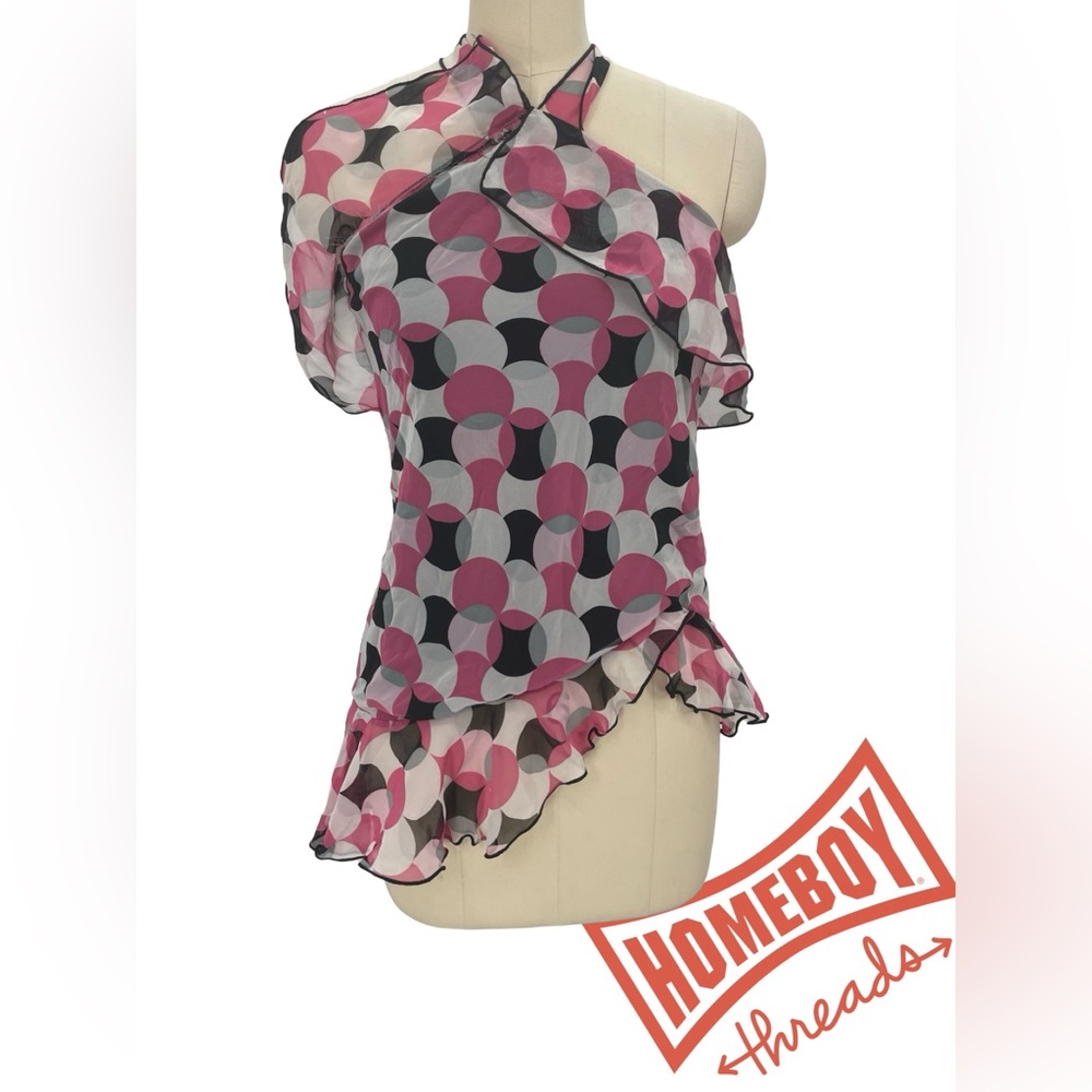 Janette Women's Pink and Black Patterned Halter Top Size L